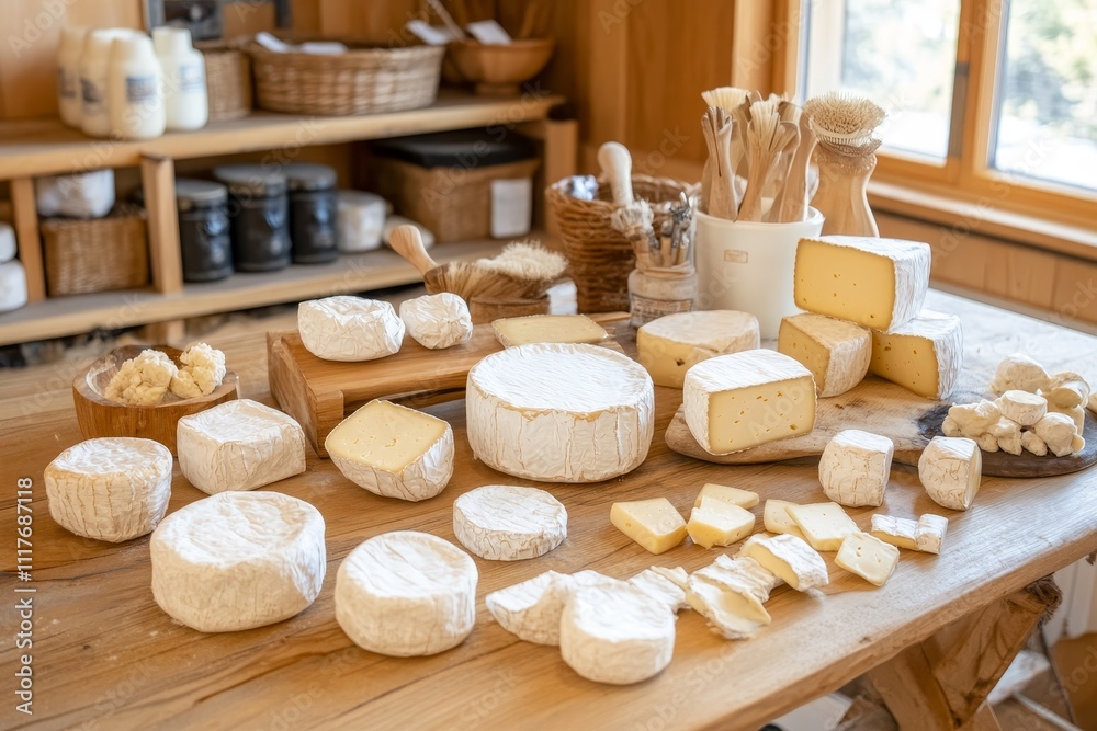 Cheese selection on wooden table in a rustic kitchen showcasing various types of cheese and dairy products Cheese selection on wooden table in a rustic kitchen showcasing various types of cheese and dairy products