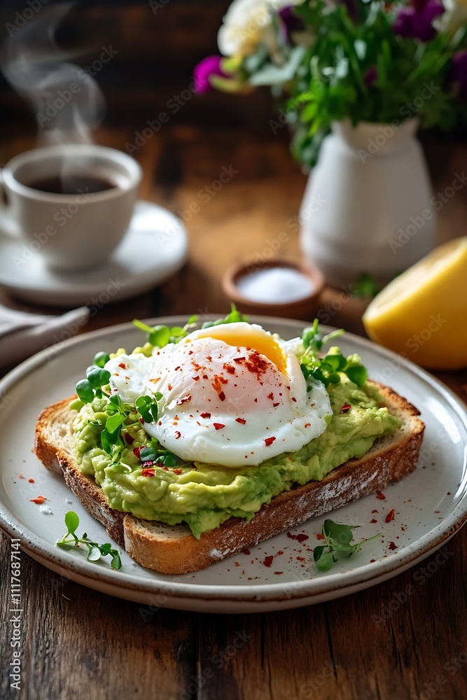 Delicious Poached Egg on Avocado Toast with Fresh Microgreens and Spices : Generative AI Delicious Poached Egg on Avocado Toast with Fresh Microgreens and Spices : Generative AI