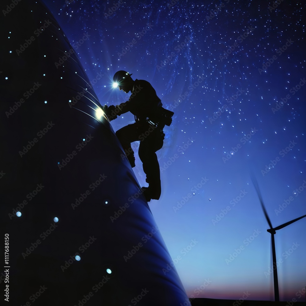 Wind Turbine Maintenance at Night. Silhouette of a technician working on a wind turbine at night under a starry sky. Wind Turbine Maintenance at Night. Silhouette of a technician working on a wind turbine at night under a starry sky.