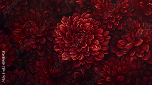Vibrant red floral display highlighting rich textures and details of chrysanthemums