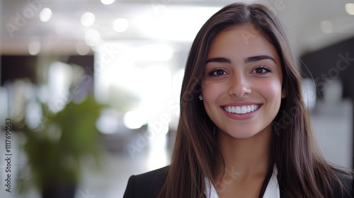 Professional smiling woman business office portrait bright environment close-up confidence and success in the workplace