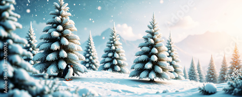 paesaggio invernale innevato con abeti e pinguino