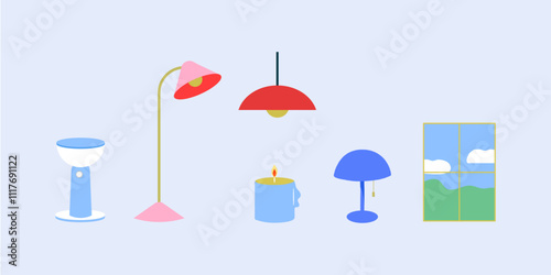 Various sources of light. Lamps. Candles. Isolated Flat illustrations. Hand drawn modern Vector illustration.
