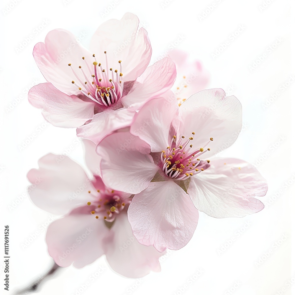 Delicate Pink Cherry Blossoms: Three blossoms in soft pink hues, showcasing intricate details and gentle petals against a bright background. A symbol of spring's gentle arrival. Delicate Pink Cherry Blossoms: Three blossoms in soft pink hues, showcasing intricate details and gentle petals against a bright background. A symbol of spring's gentle arrival.