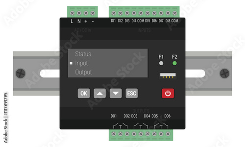 Programmable logic controller mounted on a DIN rail. Black PLC controller for electric illustrations or control schemas photo