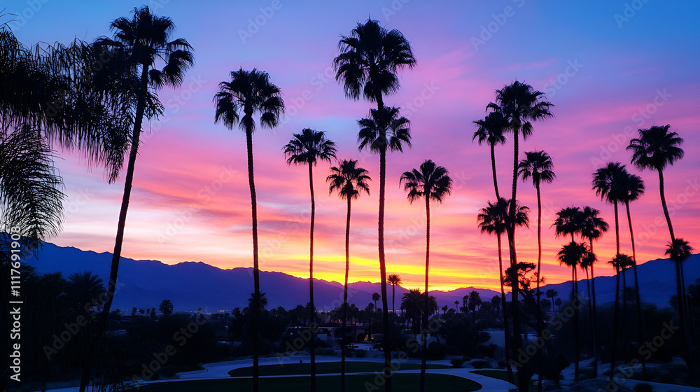 Obraz premium Palm Trees Silhouetted Against Vibrant Sunset and Mountains