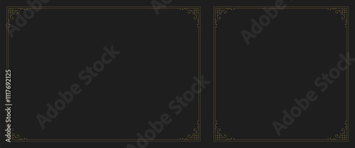 Vintage royal flourishes golden vignette ornament frame with corner set vector illustration. Elegant luxury swirl floral motif Victorian calligraphic border for text decoration wedding greeting card