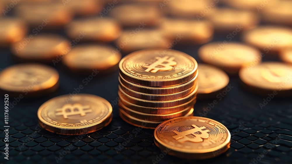 A close-up of stacked golden Bitcoin coins, surrounded by more coins, highlighting the cryptocurrency's digital wealth. A close-up of stacked golden Bitcoin coins, surrounded by more coins, highlighting the cryptocurrency's digital wealth.