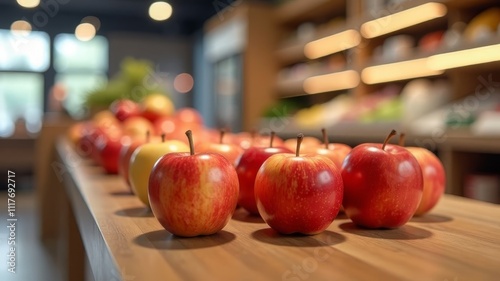 red fresh apples on the store counter