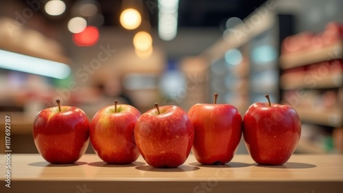 red fresh apples on the store counter