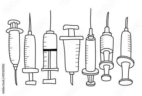 Hand drawn outline medical syringe. medical doodle set with art line style on isolated white background.