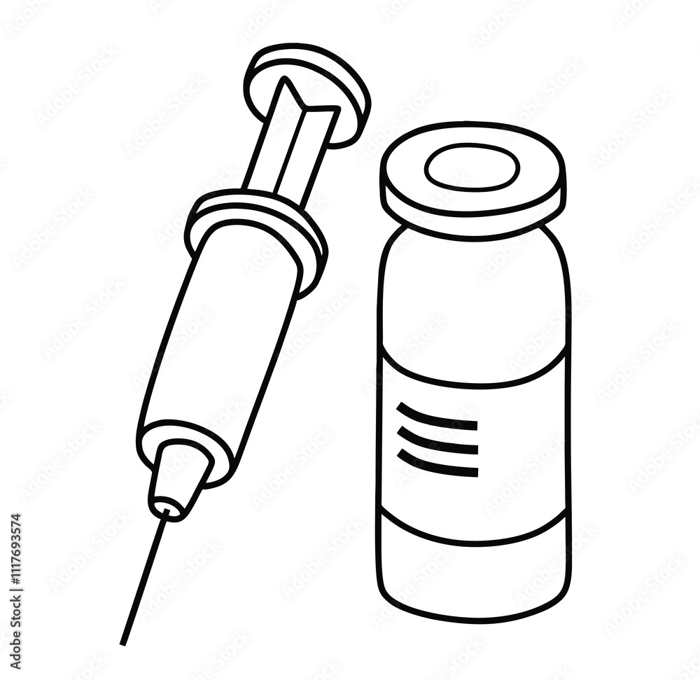 Hand drawn outline vaccine bottle and syringe. medical doodle set with art line style on isolated white background. Hand drawn outline vaccine bottle and syringe. medical doodle set with art line style on isolated white background.