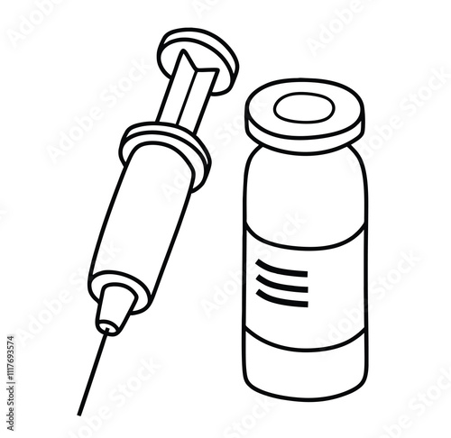 Hand drawn outline vaccine bottle and syringe. medical doodle set with art line style on isolated white background.