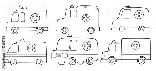 Hand drawn outline Medical ambulance car. medical doodle set with art line style on isolated white background.