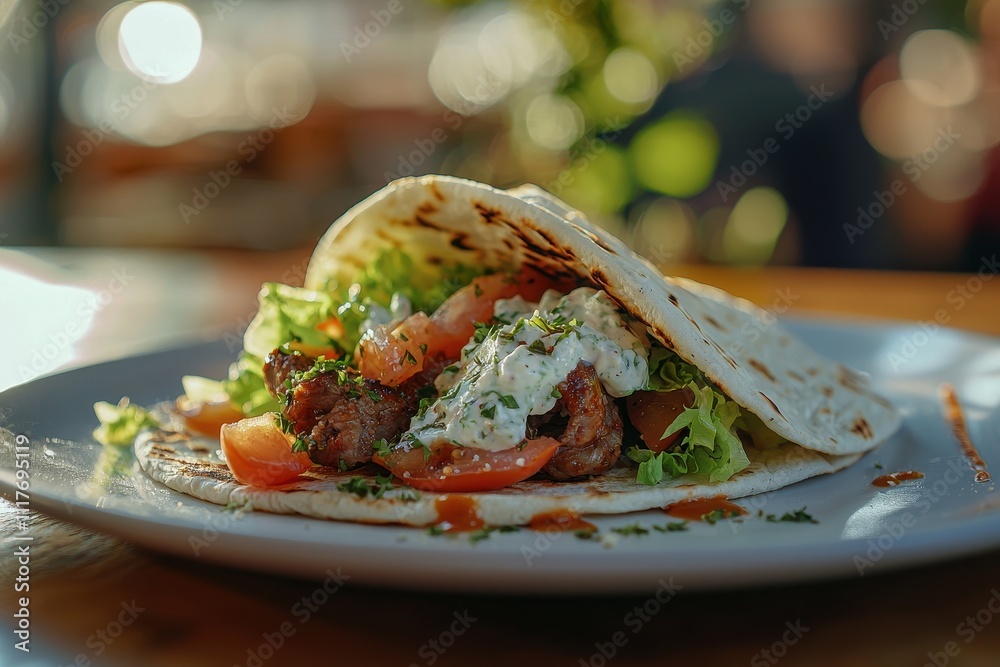 Authentic Greek Gyros Sandwich with Pita, Meat, Fresh Vegetables, and Creamy Sauce