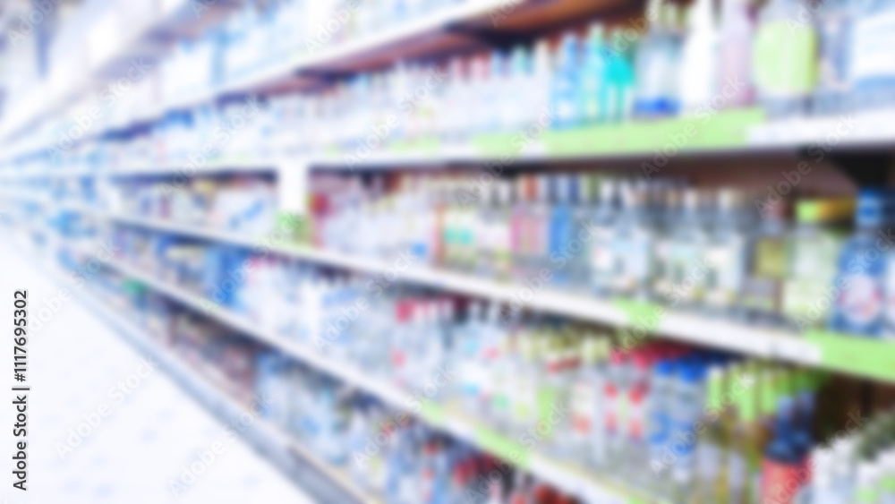 Obraz premium Abstract blur supermarket background. Defocused shelves with bottles of alcohol, vodka, cognac, brandy, wine, beer. Retail industry. Price. Sale regulation. Ban. Inflation. Tariffs. More