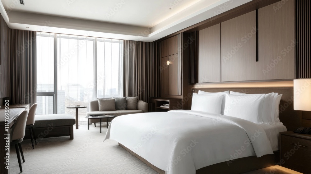 Fototapeta premium Luxurious Modern Hotel Room with City View