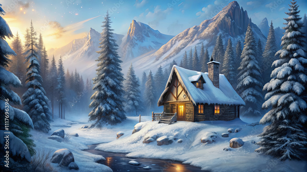 Fototapeta premium A wooden cabin sits peacefully among tall pine trees, surrounded by snow. The sun begins to rise, casting a warm glow over the mountains in the background