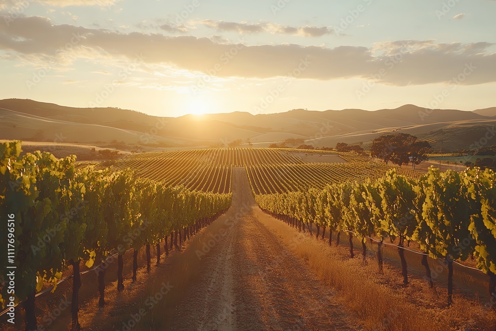 Naklejka premium Serene vineyard landscape at sunset with rows of grapevines and distant hills.