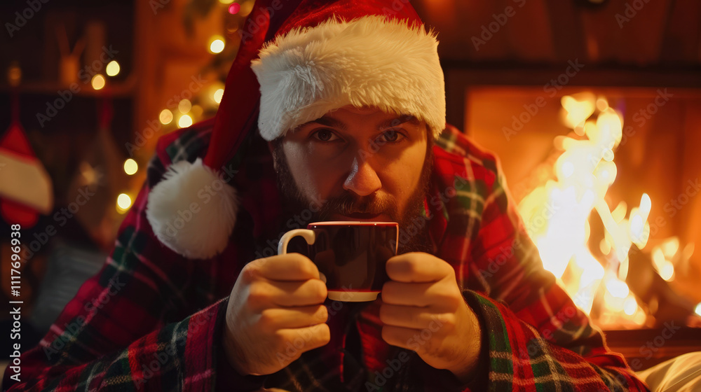 person with a cup of coffee and santa clause hat person with a cup of coffee and santa clause hat