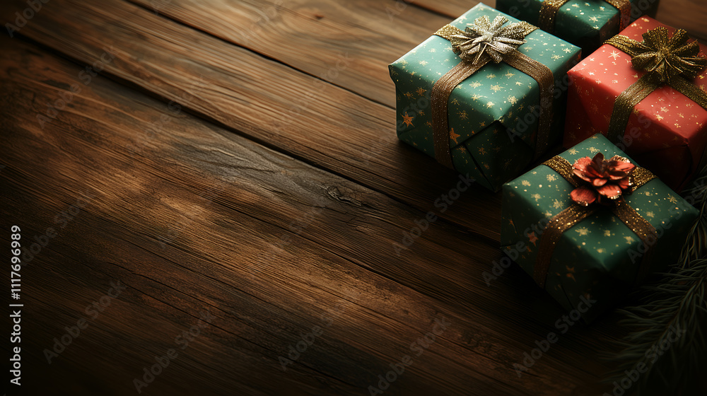 Fototapeta premium A Three Christmas gift boxes with gold ribbons on a wooden table with a warm atmosphere,Generative AI illustration