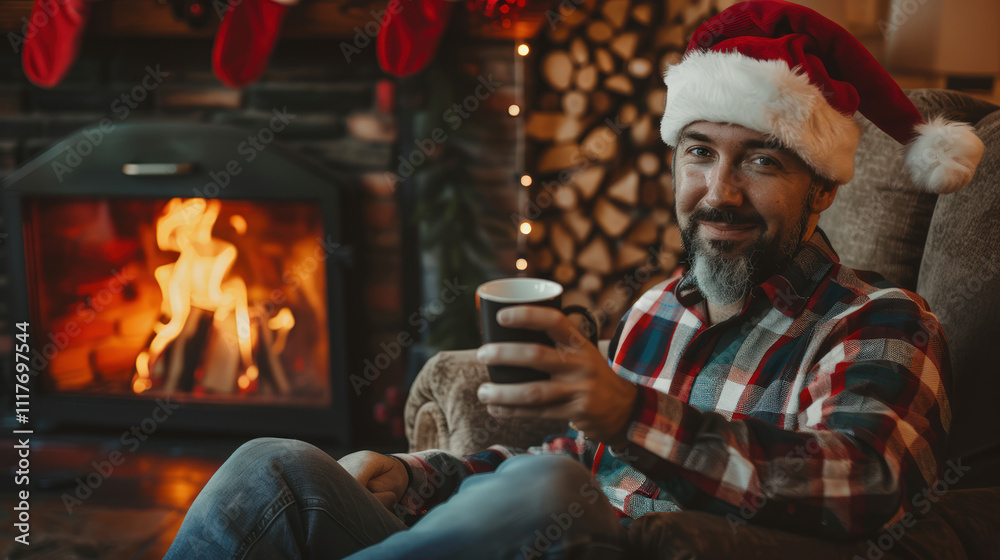 person with a cup of coffee and santa clause hat person with a cup of coffee and santa clause hat