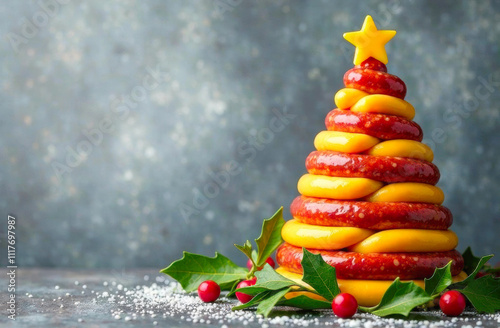 A Christmas tree made of cheese cubes and sausage with fir branches is an original idea for a festive table..Elegant serving of a Christmas dish creates a cozy winter atmosphere photo