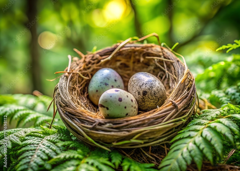 A close-up of a nest with four speckled eggs nestled in lush green forest surroundings, exuding a sense of calm and the promise of new beginnings. A close-up of a nest with four speckled eggs nestled in lush green forest surroundings, exuding a sense of calm and the promise of new beginnings.