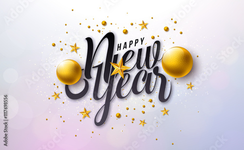 Happy New Year 2025 Illustration with Typography Lettering and Golden Christmas Ball on White Background. Holiday Design with Falling Serpentine for Flyer, Banner, Greeting Card, Celebration Poster