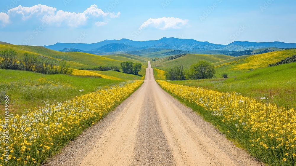Serene country dirt road lined with blooming yellow flowers under a bright blue sky Serene country dirt road lined with blooming yellow flowers under a bright blue sky