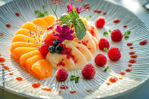 Elegant Peach & Berry Dessert, Garnish with Mint photo