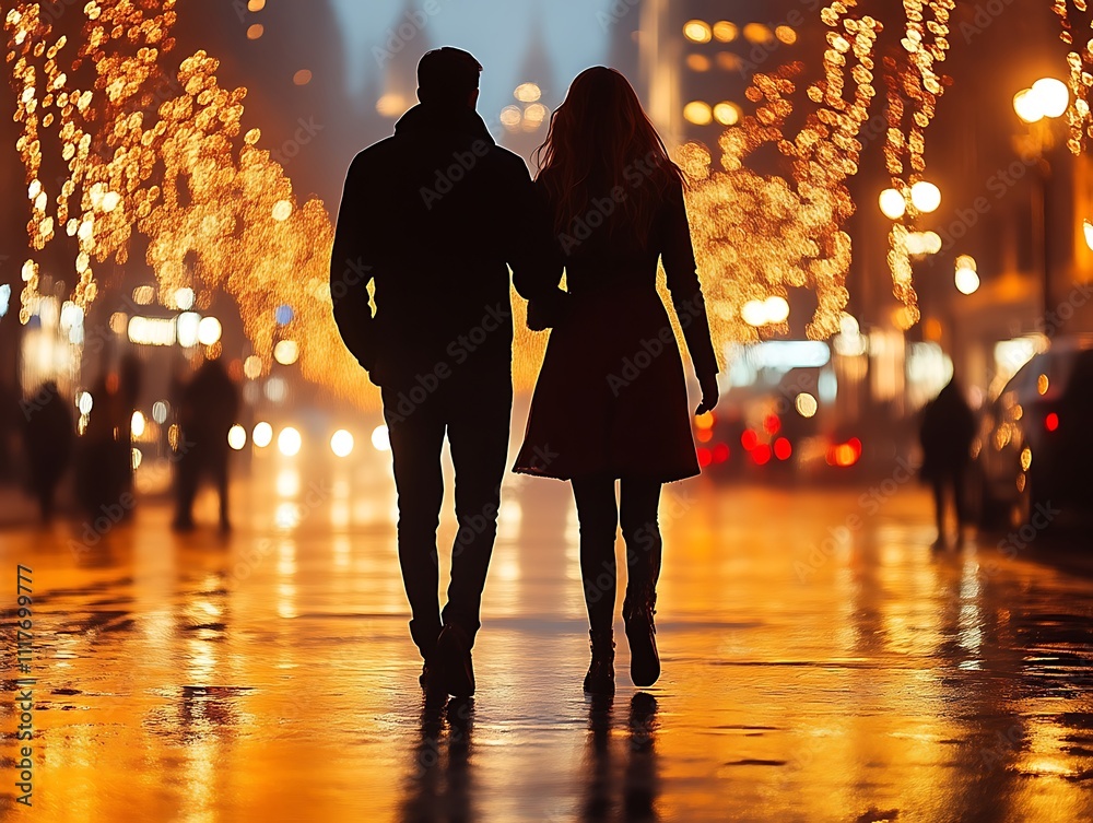 Couple Silhouetted Walking Night City Lights Couple Silhouetted Walking Night City Lights