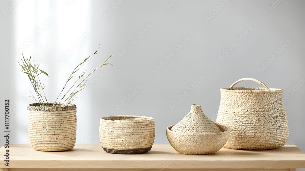 A striking display of Indigenous craftwork showcased on a natural wooden table, featuring woven baskets and pottery that highlight traditional artistry. The arrangement is artistically done, with a