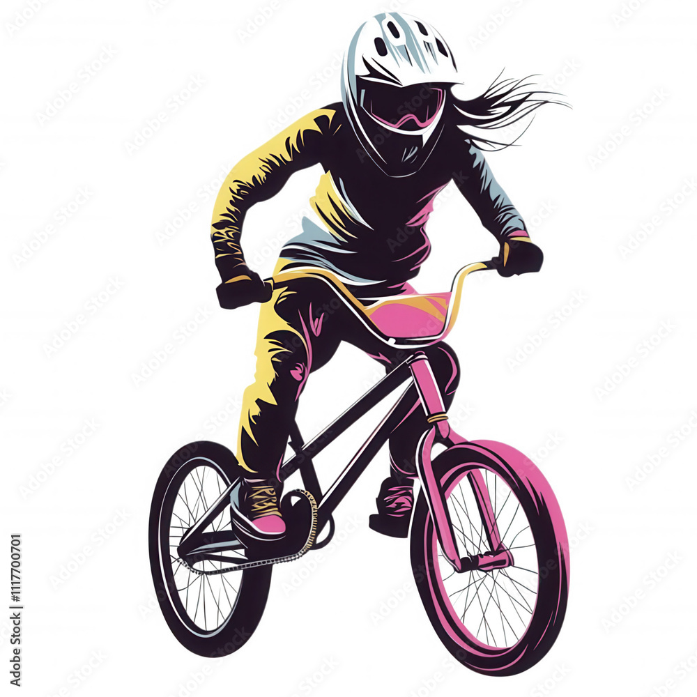 Naklejka premium Bicycle Rider Cartoon Illustration - Speedy Cyclist Action Shot With Protective Gear