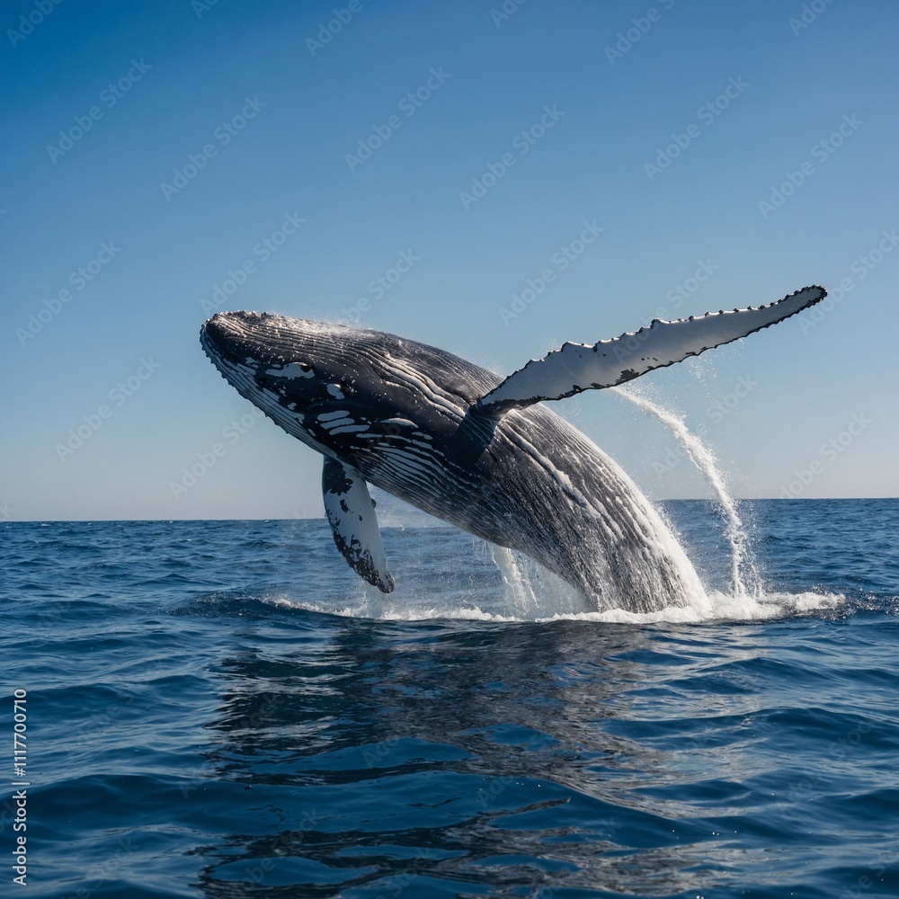 Fototapeta premium A majestic whale breaching the surface of the ocean, with a clear blue sky above.