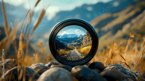 Lens on Landscape: Through the lens, an alluring mountainous landscape is perfectly framed, displaying a vast expanse of nature's artistry with a road meandering through the valleys. 