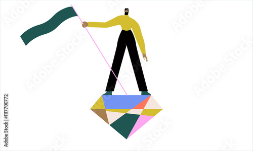 Man holding winner flag on diamond. Color vector illustration.