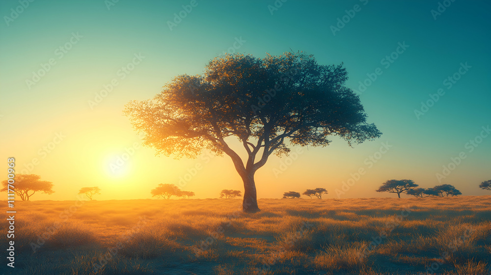 Serene sunrise over African savanna with lone acacia tree. Serene sunrise over African savanna with lone acacia tree.