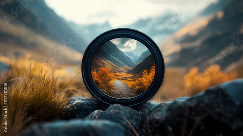 Lens View of Scenic Mountain Landscape: A captivating shot through a camera lens revealing a breathtaking mountain panorama, with a road meandering through a valley, under the warmth of sunlight. 