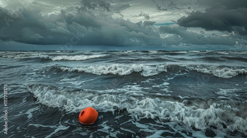 orange life buoy floating on rought sea photo