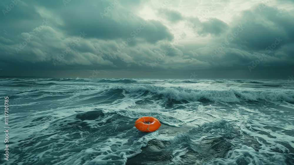 Obraz premium orange life buoy floating on rought sea