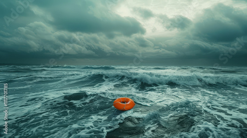 orange life buoy floating on rought sea photo