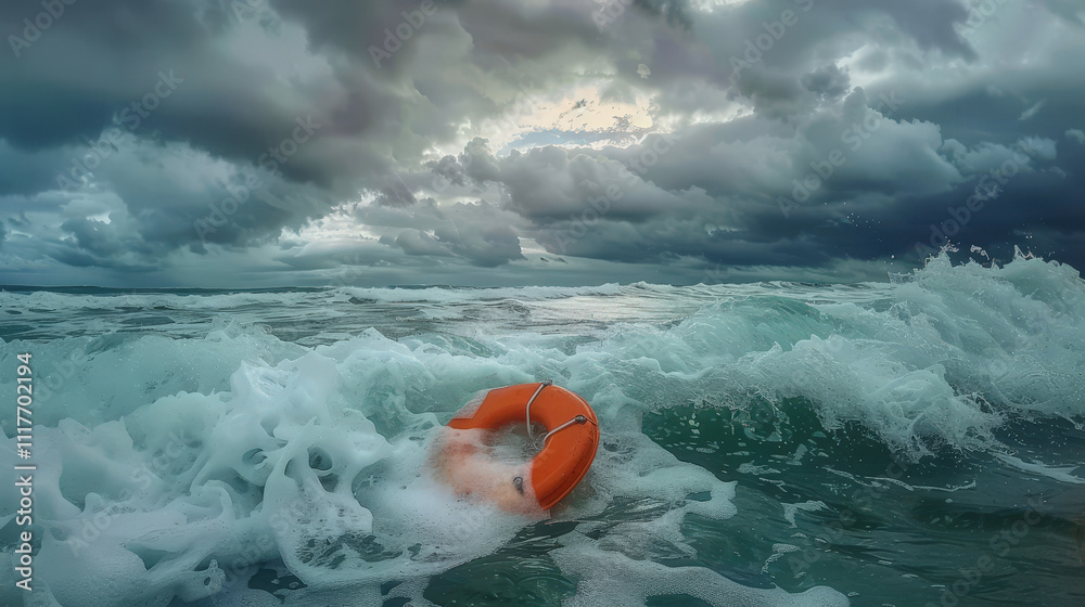 Obraz premium orange life buoy floating on rought sea