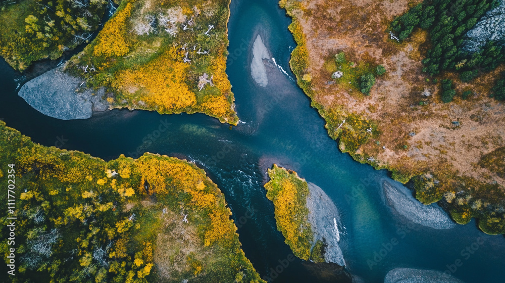 Fototapeta premium Beautiful river winding through vibrant autumn foliage in a natural landscape