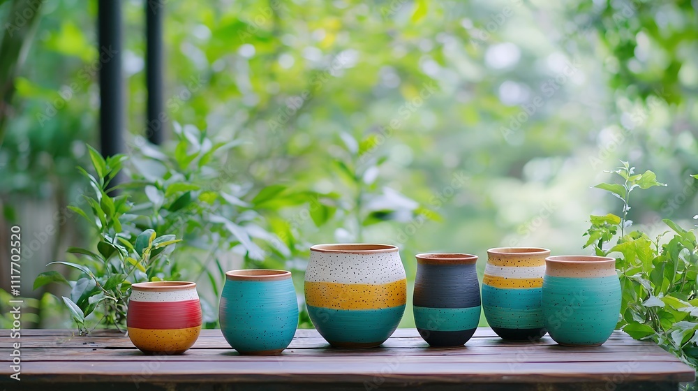 A vibrant scene showcasing various handcrafted pottery items arranged artfully on a rustic wooden table, surrounded by greenery. The intricate designs and textures of the pottery are highlighted, A vibrant scene showcasing various handcrafted pottery items arranged artfully on a rustic wooden table, surrounded by greenery. The intricate designs and textures of the pottery are highlighted,
