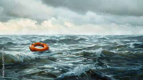 orange life buoy floating on rought sea photo