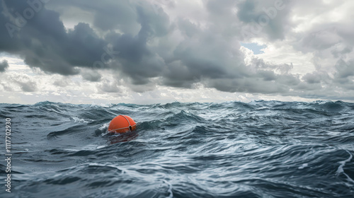 Fototapeta Naklejka Na Ścianę i Meble -  orange life buoy floating on rought sea