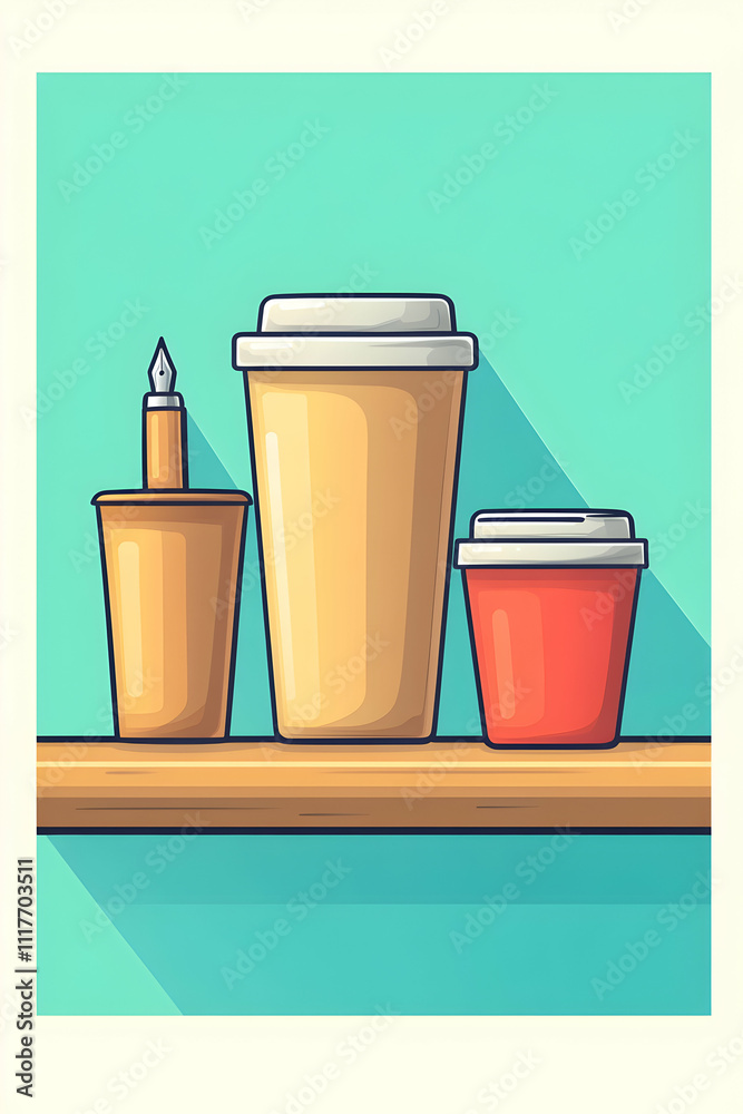 Three takeaway coffee cups on shelf. Three takeaway coffee cups on shelf.