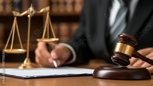 Lawyer signing, legal document. A legal professional is seen writing with a gavel and scales of justice on a desk, symbolizing law and the judicial system.