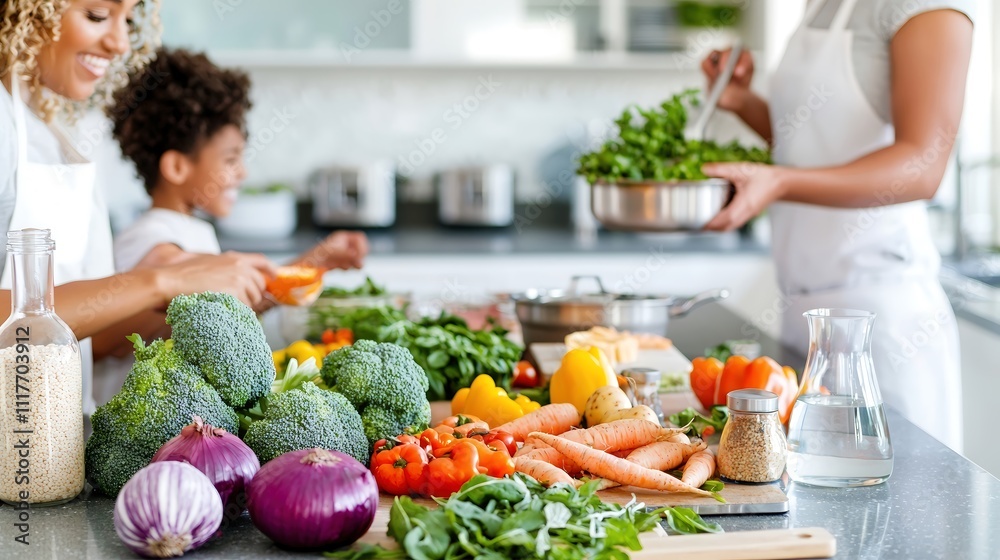 A stylish, high-end kitchen where a mixed-race family is preparing dinner together, with vibrant vegetables and ingredients laid out on the countertop. The focus is on the interaction between family A stylish, high-end kitchen where a mixed-race family is preparing dinner together, with vibrant vegetables and ingredients laid out on the countertop. The focus is on the interaction between family